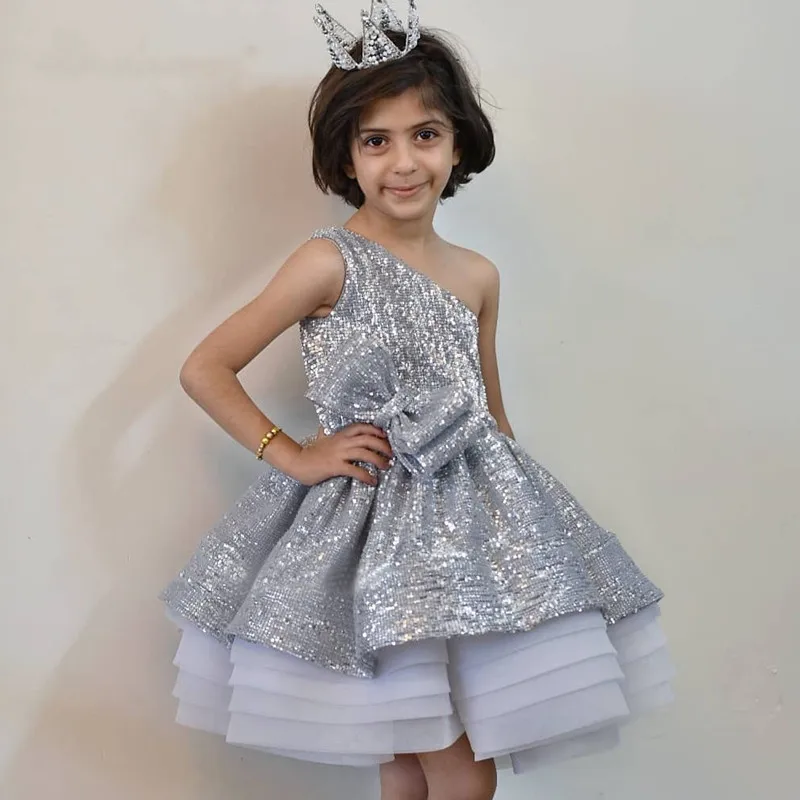 

New Silver One Shoulder Girls Dresses with Big Bow Flower Girl Dress for Party Prom Pageant Gown