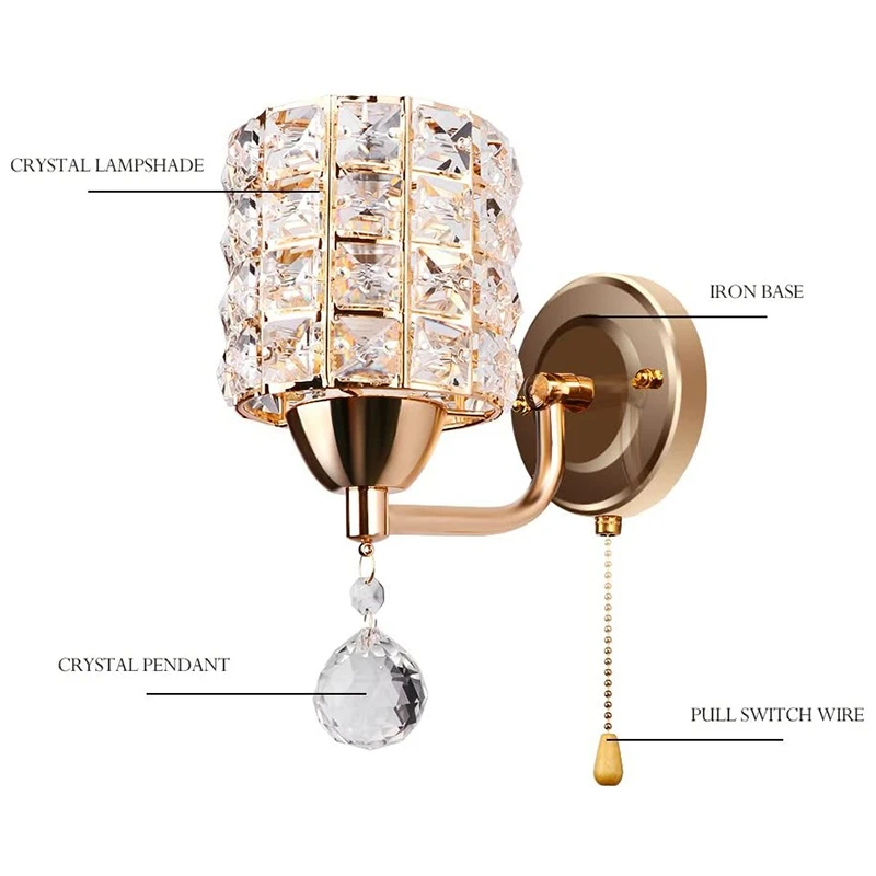 

2Pcs Modern Wall Lamp Crystal Pendant Wall Lamp Bedroom Aisle Living Room Wall Lamp with Pendant and Pull Switch E14 Socket