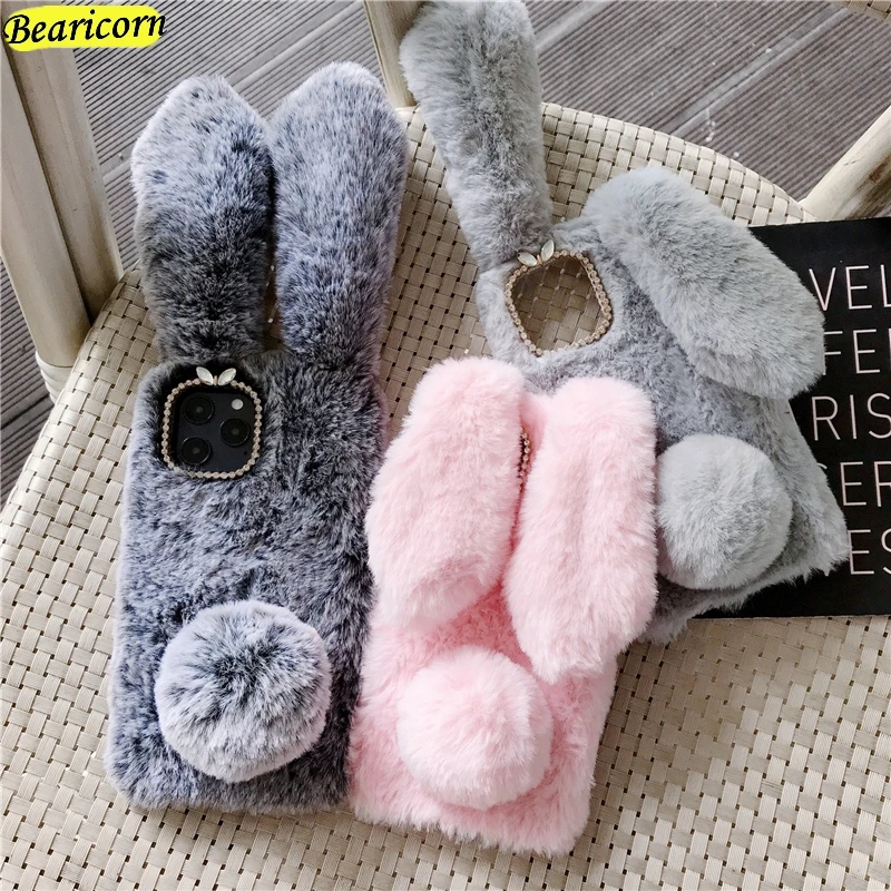 soft plush phone case for iphone 11 12 pro xr x xs max mini 7 8 6 6s plus max 5 5s se 3d furry rabbit bunny fur back cover free global shipping