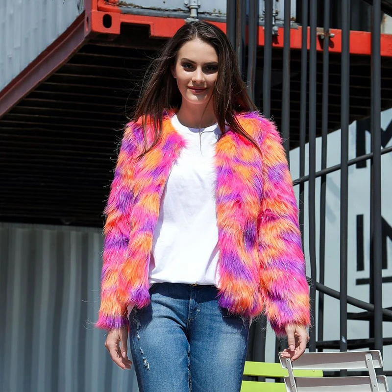 Lucyever Осень Зима Красочные искусственный мех пальто для женщин открытый стежка
