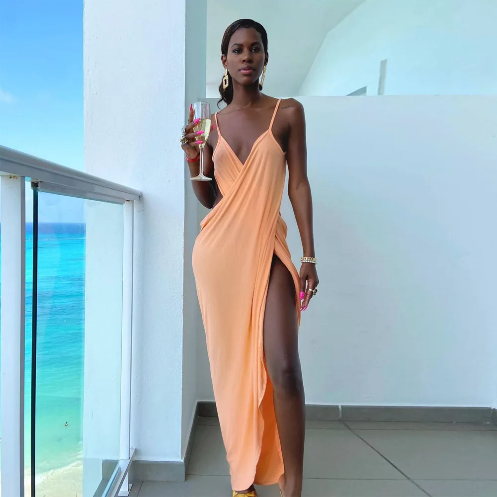 

Elegant Sexy Deep V Neck Backless Dress Summer Party Women 2021 Spaghetti Strap Casual High Slit Maxi Dresses Holiday Sundress