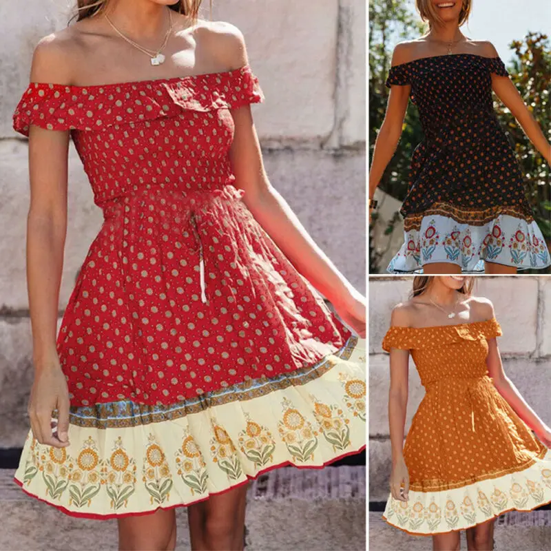 

Women Floral Off Shoulder Short Sleeve Mini Dress Summer Casual Party Dress