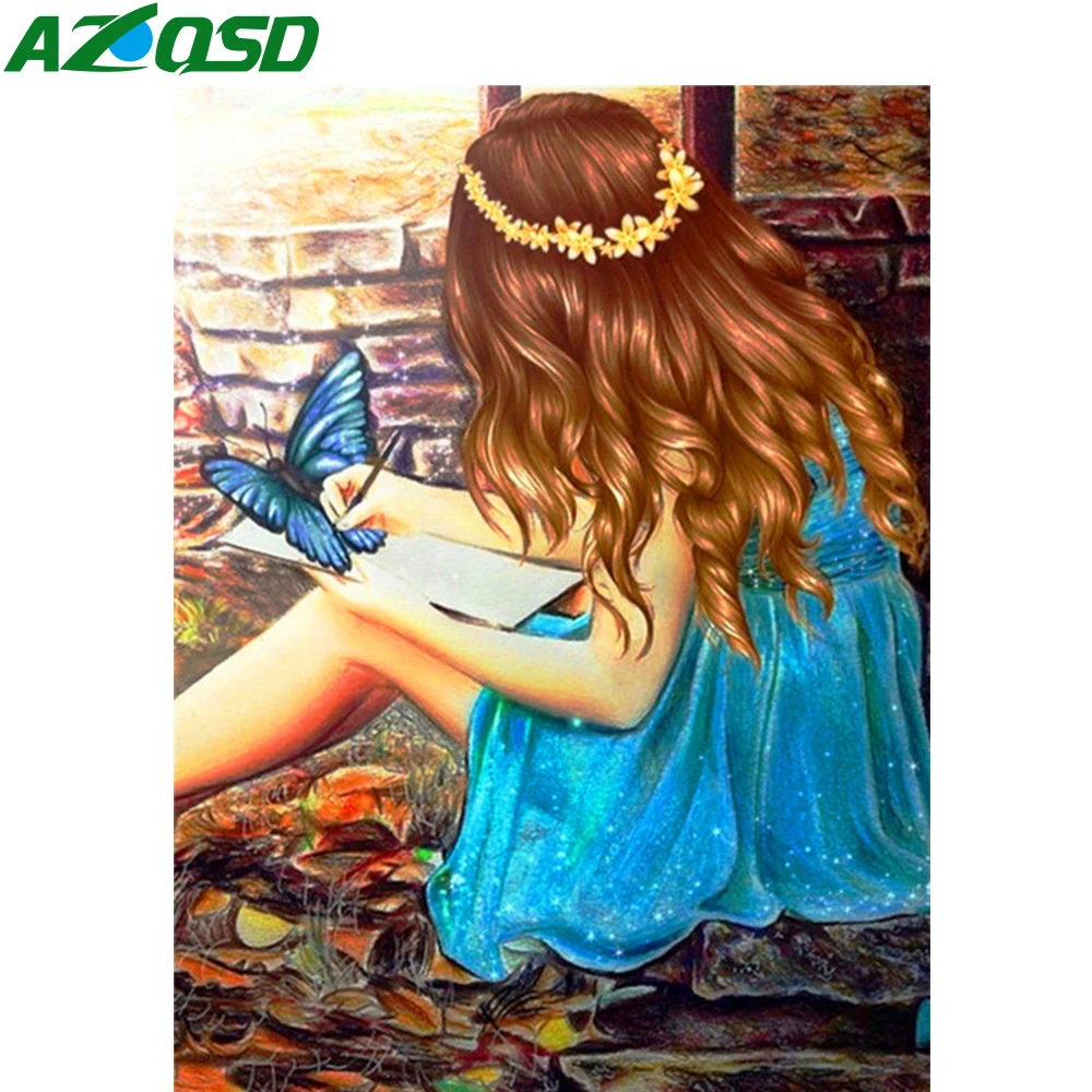 

AZQSD Oil Painting Girl Butterfly On Canvas Handmade Painting By Numbers Portrait Frameless Handpainted Wall Decor Gift