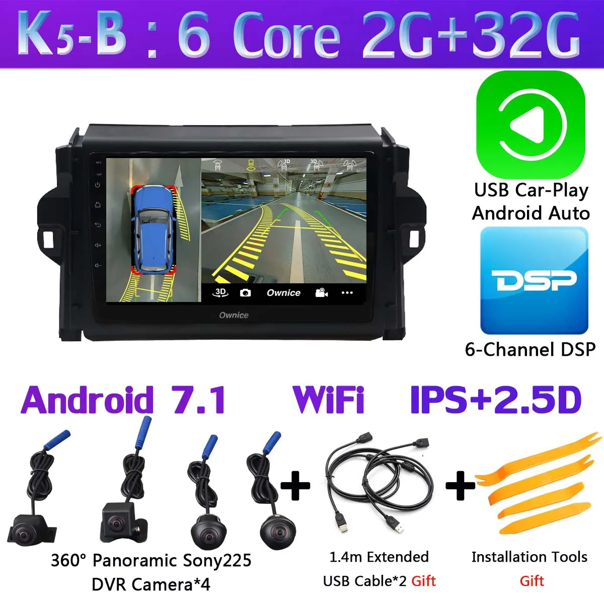 K5-B-CarPlay Панорамная камера на 360 ° Android 9,0 4G+ 64G SPDIF DSP CarPlay Автомобильный плеер для Toyota Fortuner gps радио головное устройство - Цвет: K5-B-CarPlay