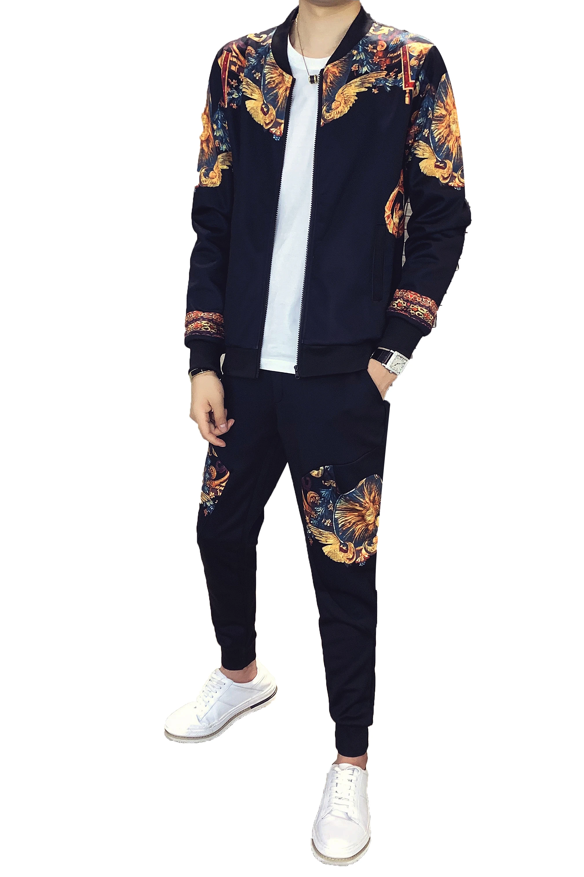 

Men Autumn Winter Tracksuits Velvet Printed Slim-fit Jacket Suit 2 Piece Set Cardigan Sports Suit Jacket Ropa De Hombre M-5XL