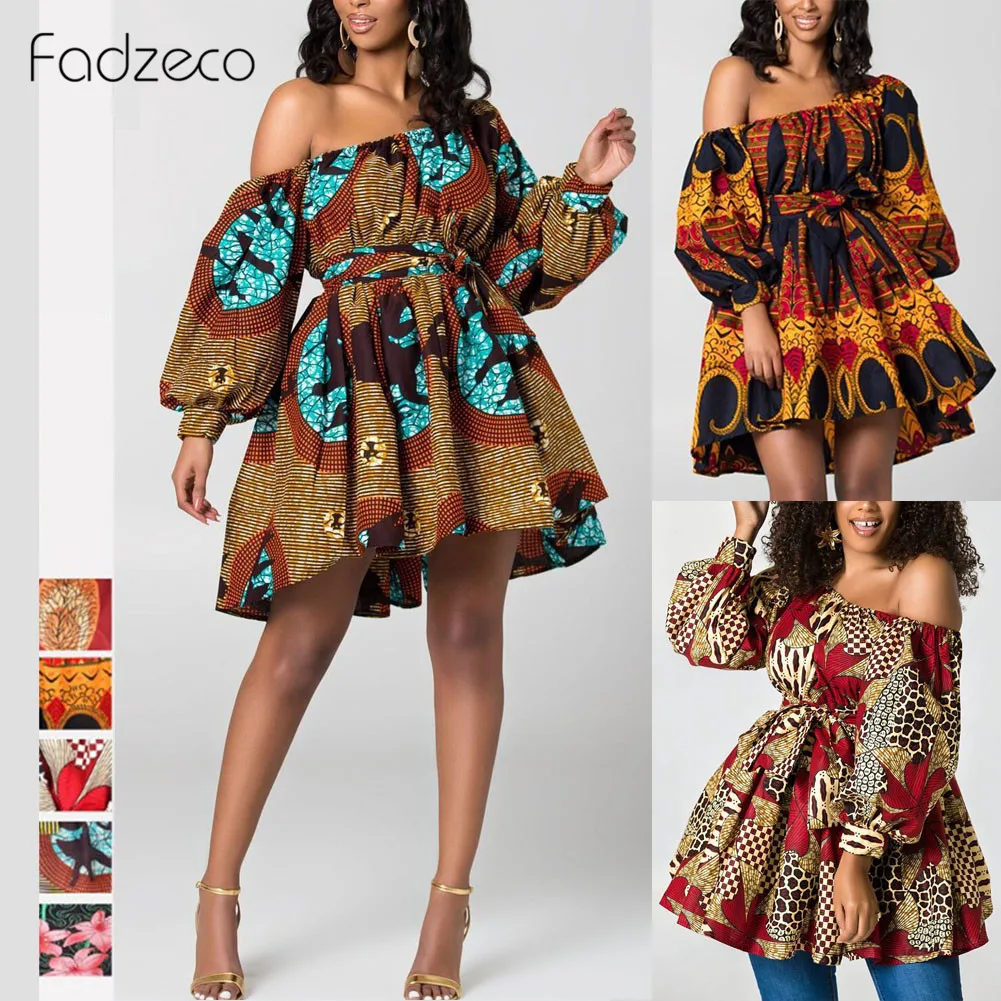 Fadzeco новые модные африканские платья для женщин на одно плечо с пышными рукавами летнее Мини платье Дашики этнический принт Vestidos Femme