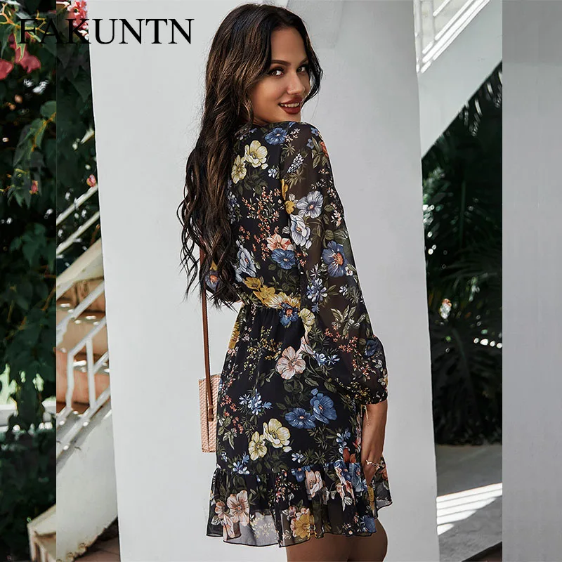

Women's Floral Dress 2021 Spring Summer Fashion Ruffle Long Sleeve V Neck Holiday Beach Casual Printed Chiffon Dress Vestidos