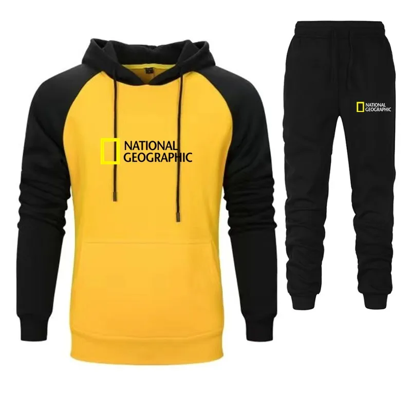 

National Geographic-Men's Sweatshirt And Pants Suit Casual Sportswear Hoodie Autumn Winter Stitching color Sweatsuit 2 Piece Set