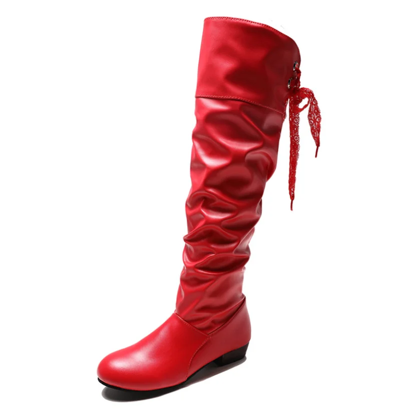 Red (tassel) Женские зимние сапоги; коллекция года; модные высокие сапоги в стиле панк; Цвет Коричневый, толстый, черный; женские сапоги из искусственной кожи со складками; большие размеры 43 - Цвет: Red (tassel)