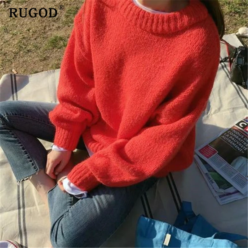 RUGOD Korean oversized sweater Fashion ins solid round neck long sleeve knitted pullovers Vintage mutil color auturm winter coat | Женская