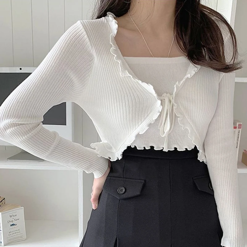 

Fake Two Cropped Sweaters Pullovers Womens Ruffles Long Sleeve Lace Up Sweater Thin Knitted Crop Tops Female Sueters De Mujer