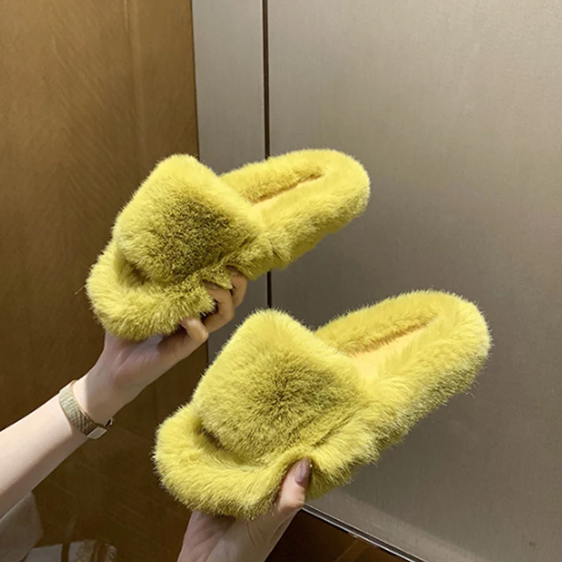 

Faux Fur Home Slippers Fluffy Women Slides Comfort Furry Flat Sandals Female Cute Slippers Shoes For Woman Indoor Flip Flops
