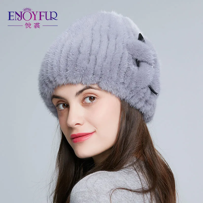 Женская зимняя шапка ENJOYFUR теплая вязаная из искусственной кожи с цветком