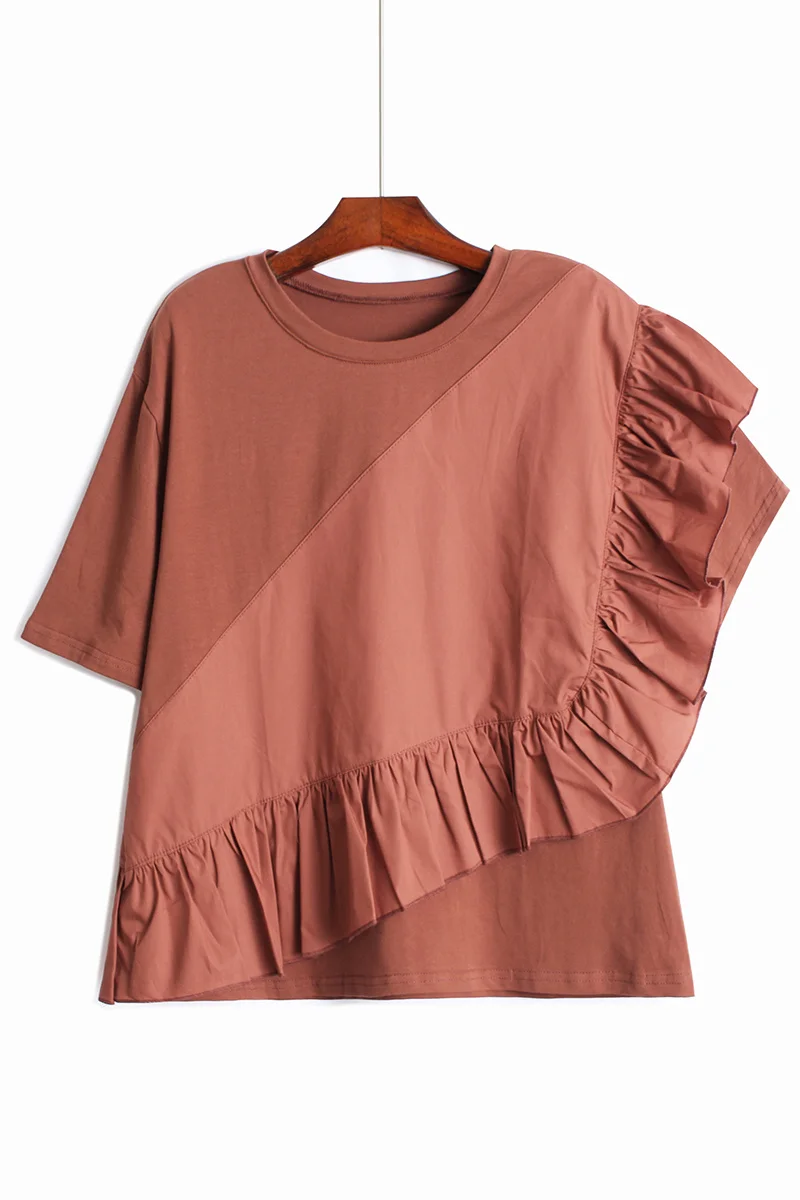 

IEQJ Women T-shirt New Sweet Ruffle Stitching Round Neck Short Sleeves Patchwork Spliced T-ee Female Top WR51301 free size