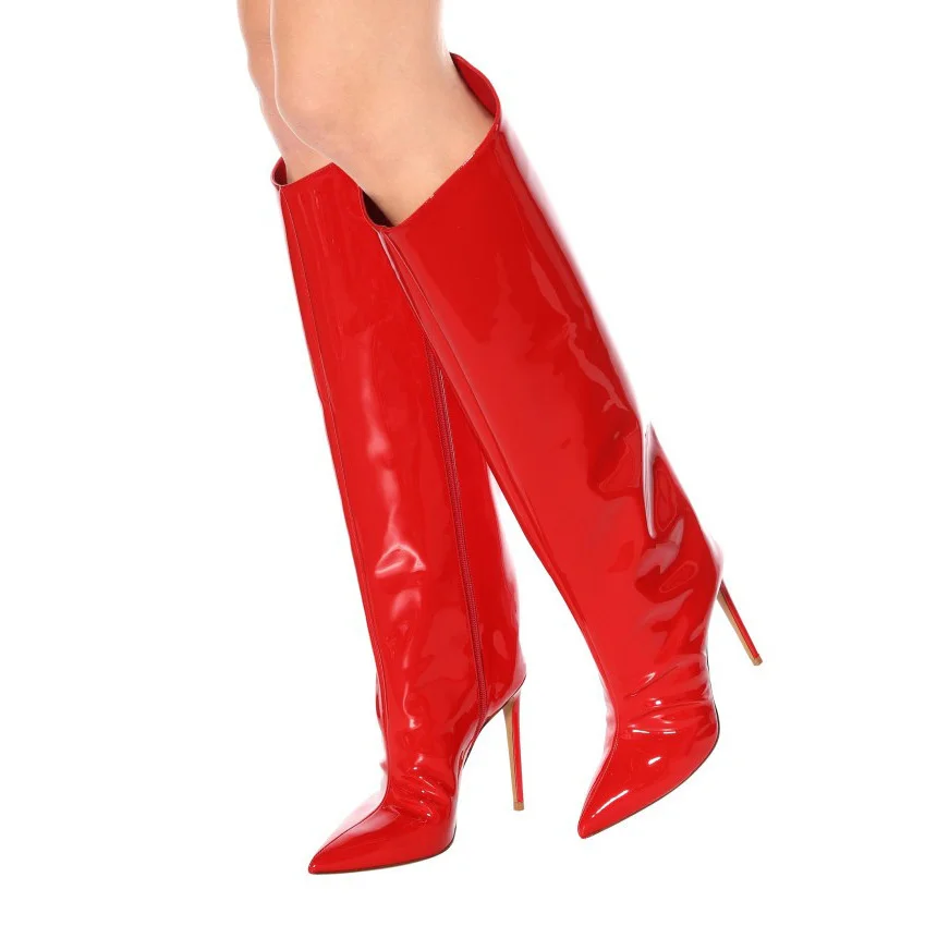 

Autumn and winter new thin heeled high heeled shoes Patent Leather Silver Red women's boots high boots size