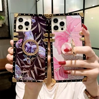 luxury square butterfly with lanyard phone case for iphone 13 12 11 pro max 6 7 8 plus xr fashion glitter floral ring soft cover