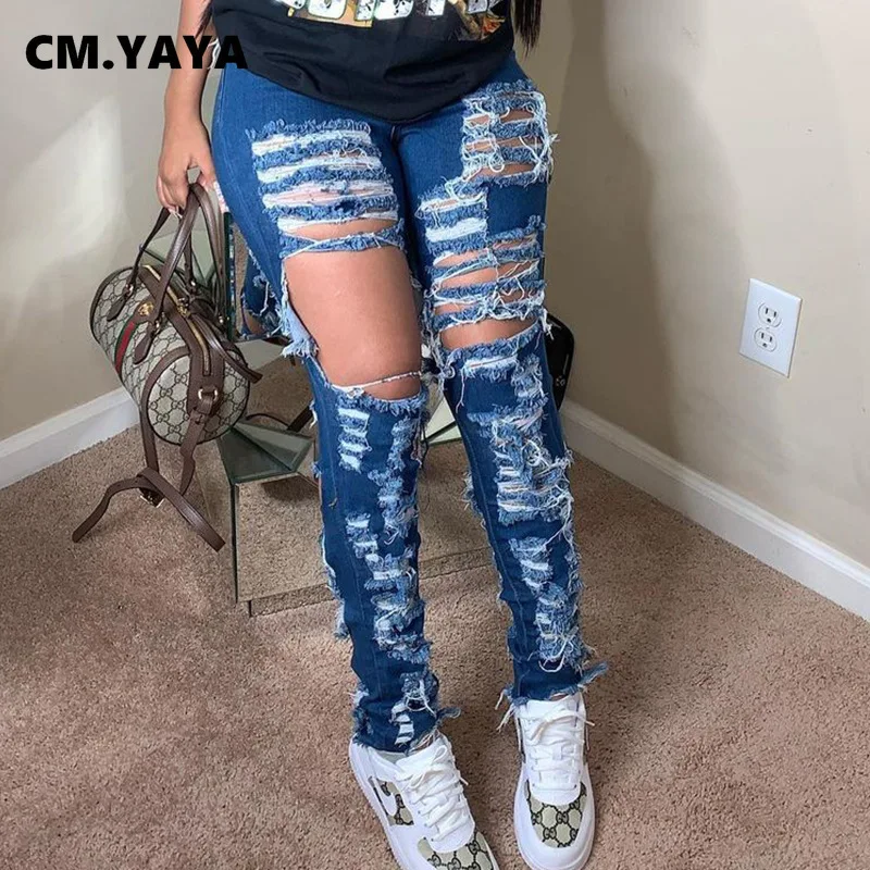 

CM.YAYA Women Jeans Solid Ripped Hole Mid Waist Stretchy Skinny Long Pencil Denim Pants Sexy Fashion High Streetwear Summer 2021