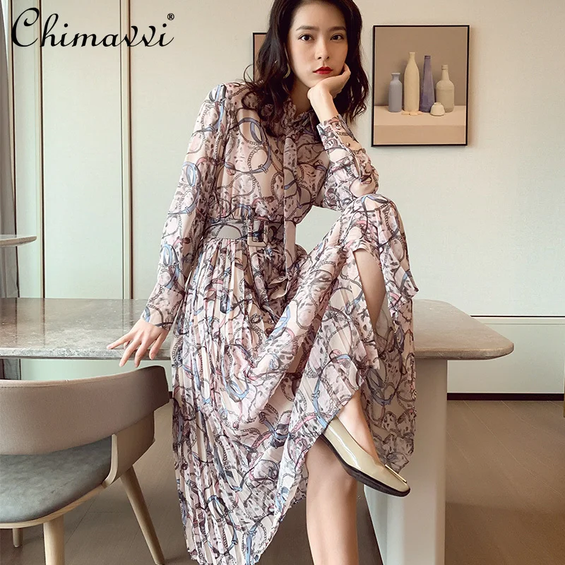 

Стильное платье с принтом 2021 шифоновое праздничное Полный рукавом, на пуговицах, для девочек платье с цветочным рисунком и высокой талией Т...