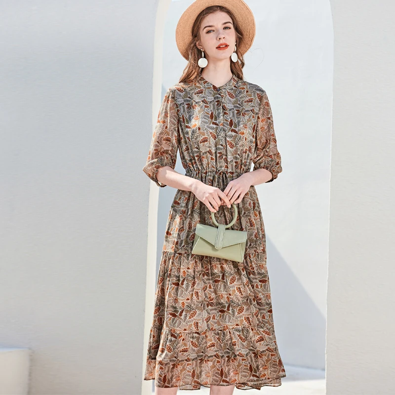 

100% Silk Women's Runway Dresses O Neck Half Sleeves Printed Lace Up Tiered Fashion Casual Summer Dresses