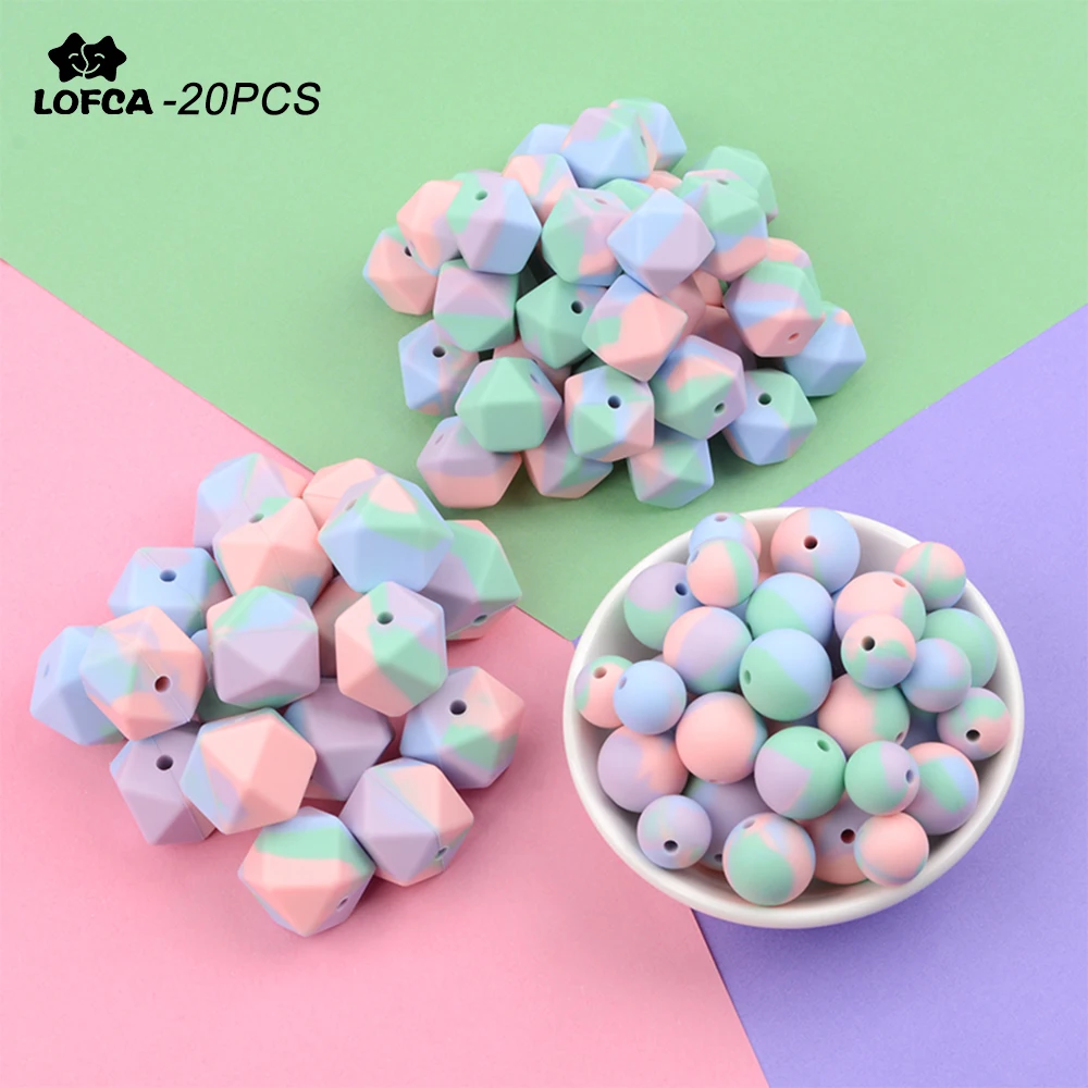 Cuentas de silicona para dentici&oacute;n de beb&eacute;, abalorios redondos de colores para dentici&oacute;n, hex&aacute;gono libre de BPA, 20 Uds.-0