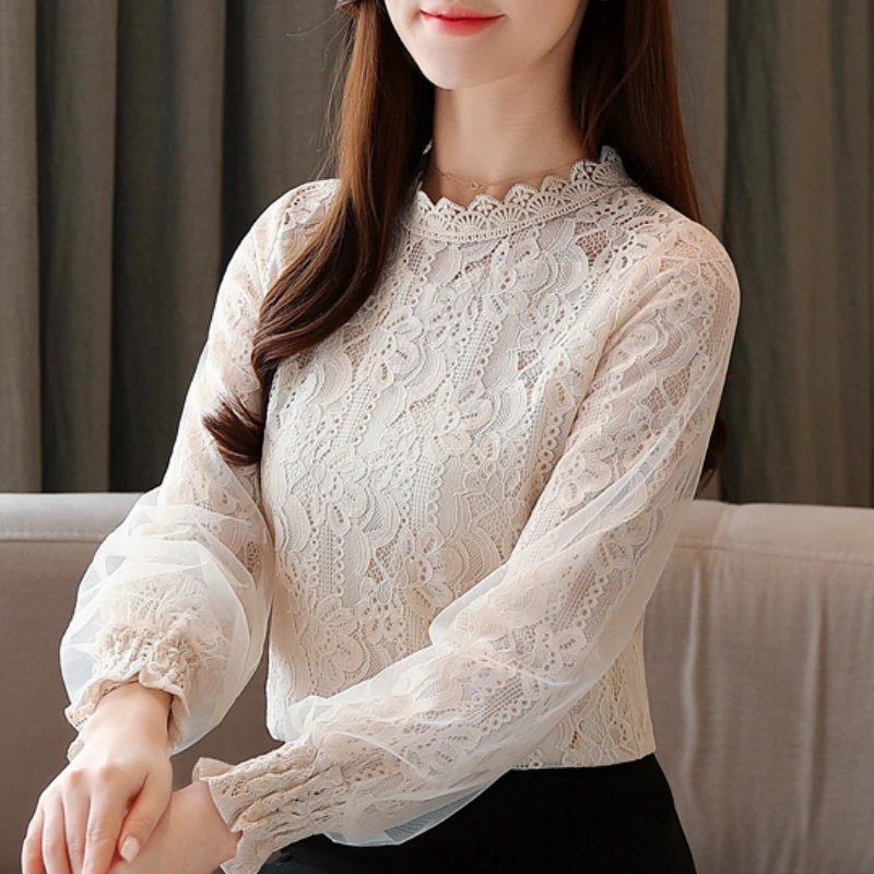 

Blusas Mujer De Moda 2021 Весенняя кружевная блузка Для женщин с длинным рукавом и стоячим воротником Блузка Для женщин рубашки Для женщин s Топы и блуз...
