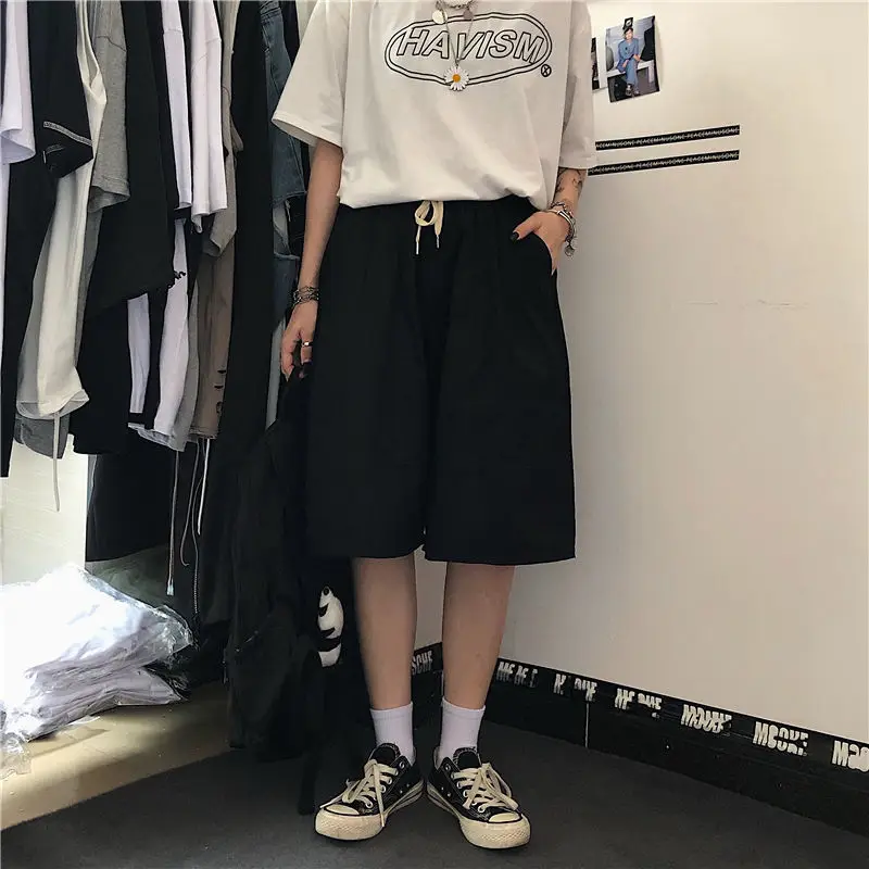 

Summer Sport Shorts Harajuku High Waist Short Pants Solid Lace size Casual Korean Wide leg Through punk dye Women street Clothes