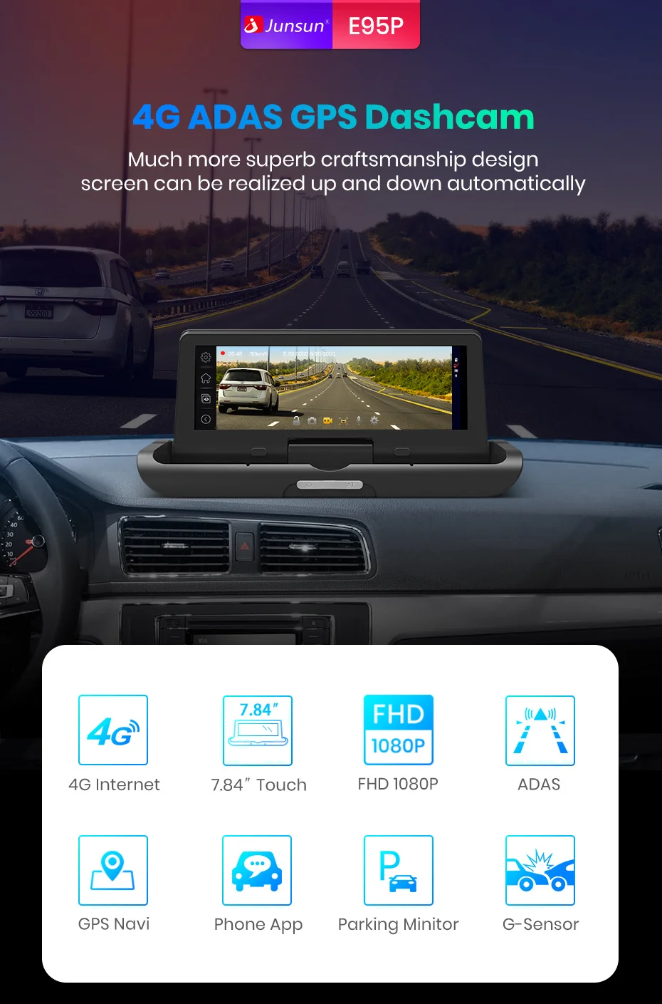 Junsun E95P Pro 4G ADAS Автомобильный видеорегистратор Android 8,1 WiFi DVR камера FHD 1080P двойной объектив Авто видеорегистратор навигатор gps монитор парковки