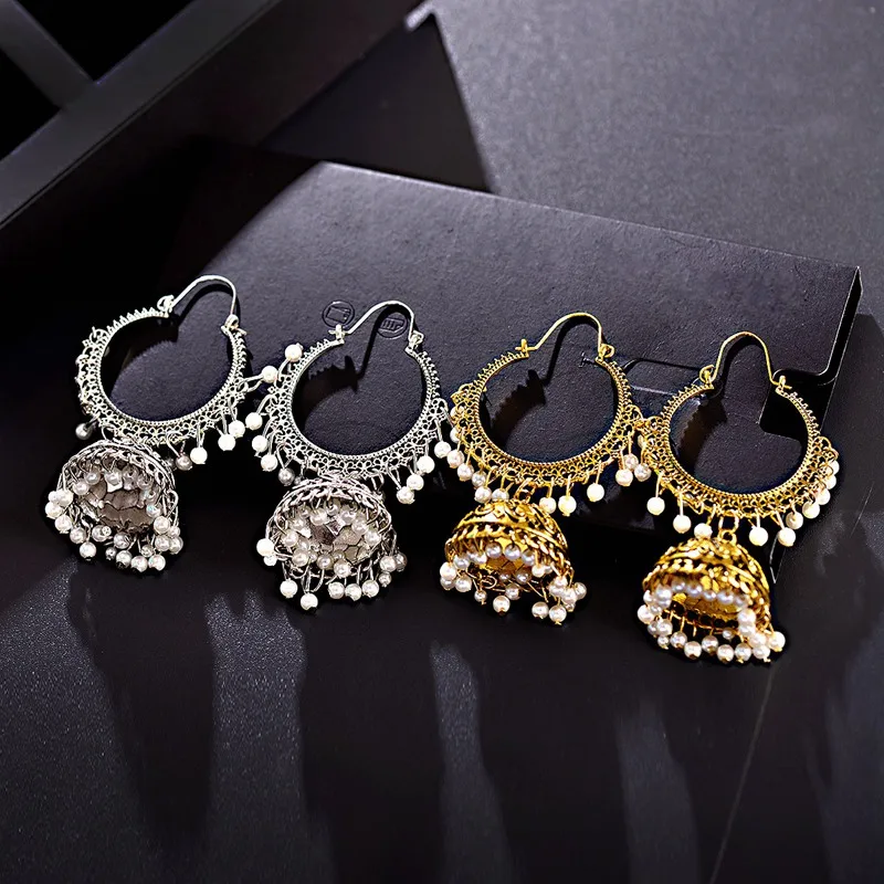 Женские Этнические Ретро Круглые индийские серьги jhumka классические Винтажные белые бусины Серьги с кисточками свадебное украшение бижутерия