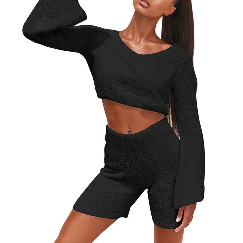 

Sexy Plush Casual Women Two Piece Set Fluffy Home Suit Lounge Wear Outfits Long Sleeve V-neck Crop Tops Shorts 2 Pcs Clothes Set