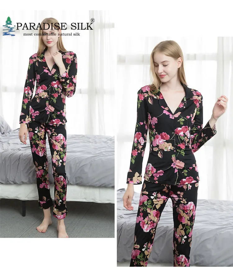 Women Pajamas Set Silk Knit Floral Print Long Sleeve Top and Bottom Set Size M L XL XXL