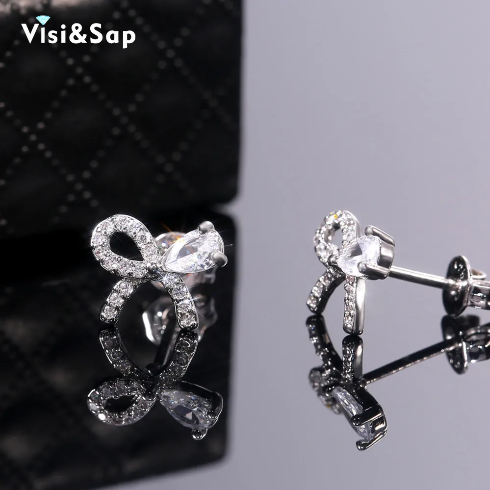 Женские серьги с маленьким бантом Visisap в Корейском стиле инкрустированные