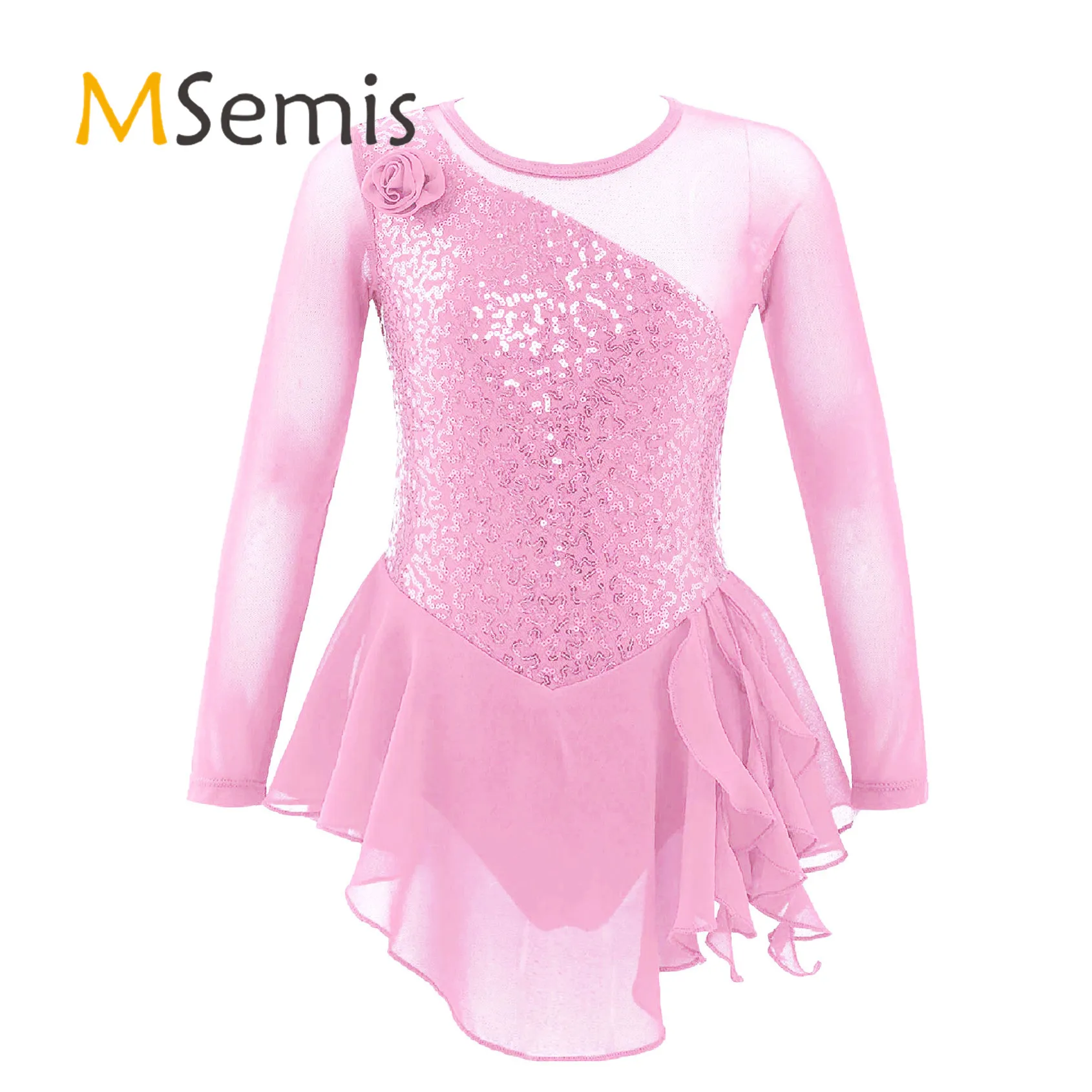 

Kids Sequin Figure Ice Skating Ballet Dress Long Sleeve Round Neckline Decor Flower Front Dress Girls Ballerina Tutu Dance Dress