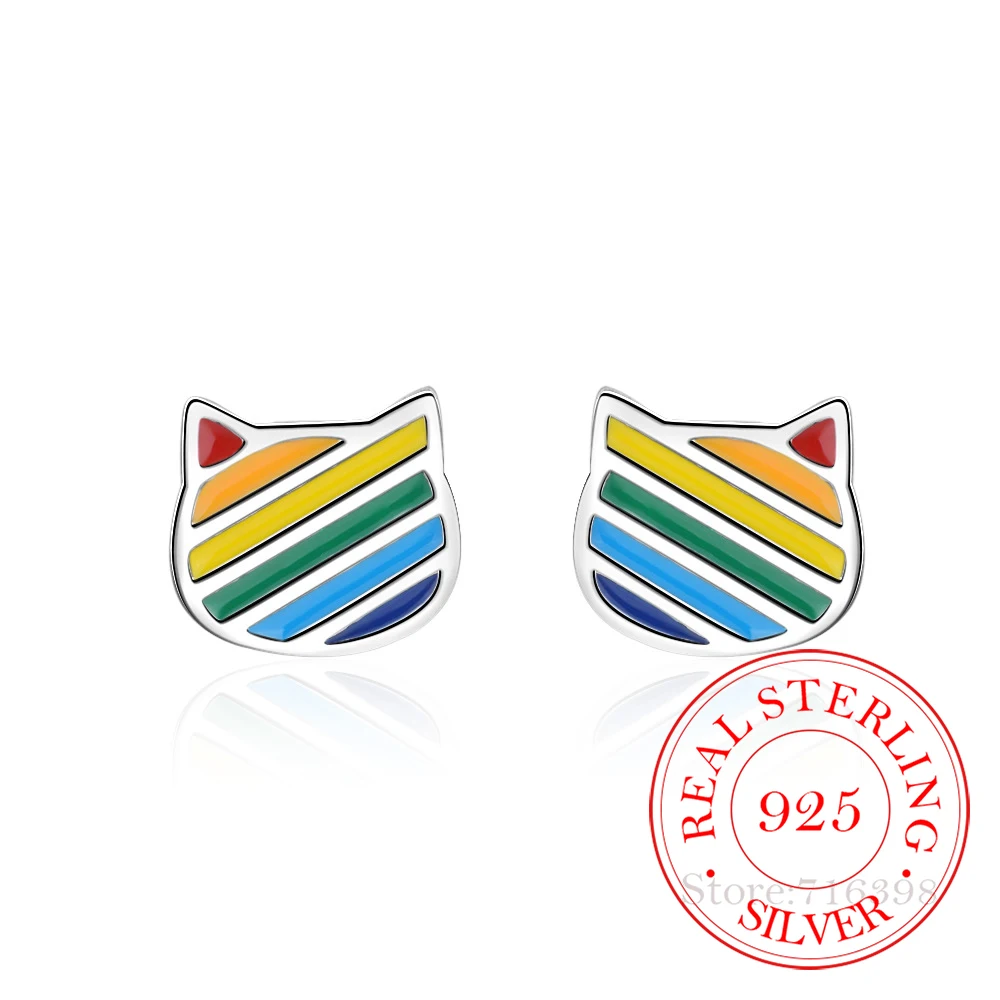 

925 Sterling Silver Stud Earrings 2021 Fine Jewelry Cute Cat Color Drop Glazed Earrings For Women Girl Gift Boucle D'oreille