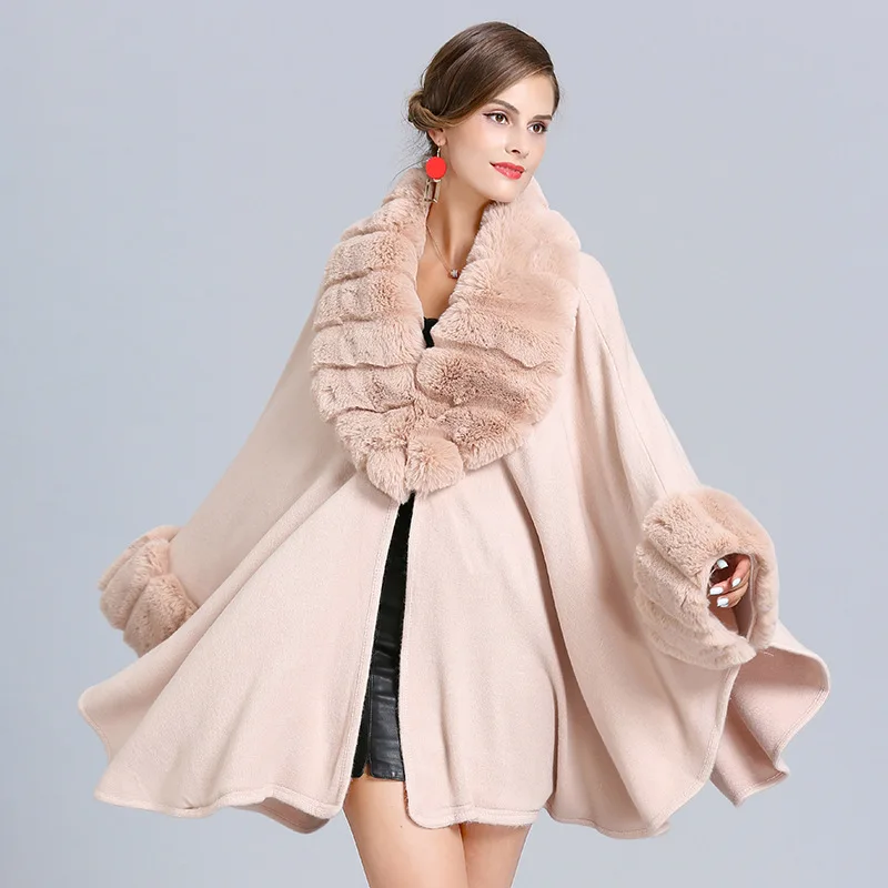 

Ponchos and Capes Women Loose Fox Fur Collar Knitted Cardigan Winter Fashion Bat Type Cape Coat Lugentolo