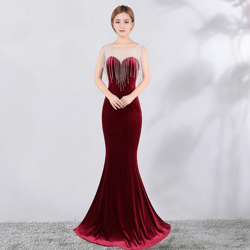 

Red Mermaid Short Sleeve Evening Dress Rhinestone Formal Evening Gown Party Dresses Gowns Long Women Evening Robe De Soiree