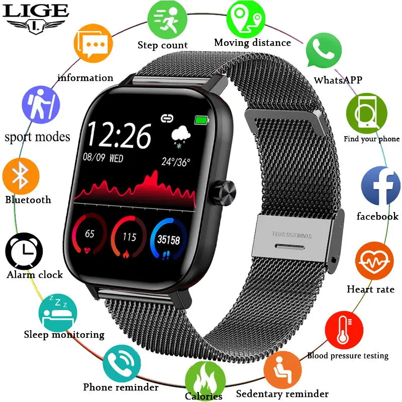 

LIGE Smart Watch Blood Pressure Heart Rate Monitoring Bluetooth Call Sports Women Watch IP67 Waterproof Fitness Smartwatch Men