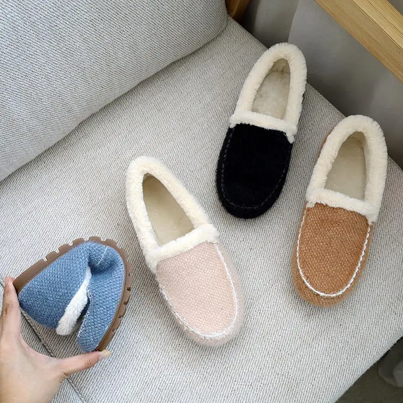 

Women's Shoes Fur Round Toe Winter Flat Ladies Loafers Platform Non Slip Short Plush Female Footwear Warm Comfort Solid 2021 New