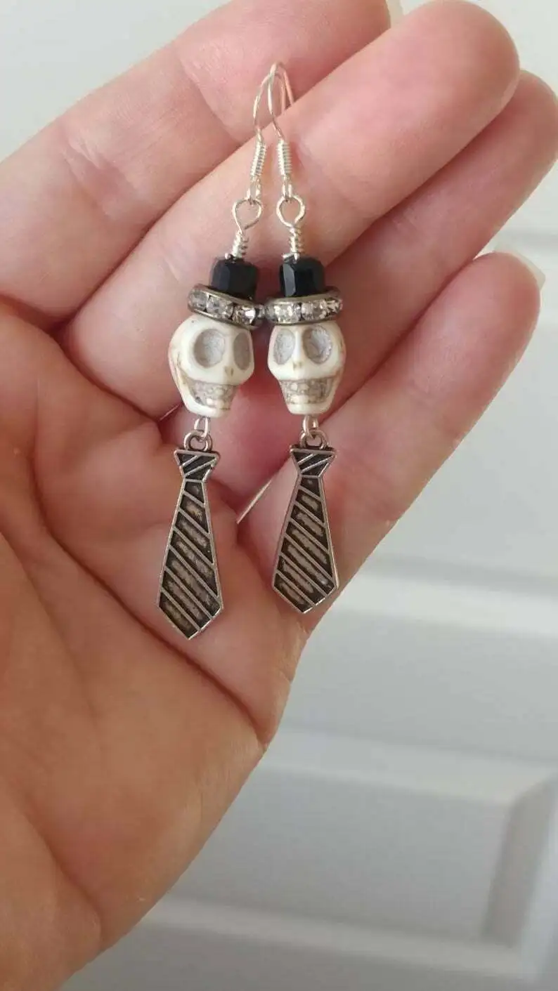 

Handmade Skull Bowtie Earrings Punk Goth Jewelry Unisex Earrings Halloween Earrings
