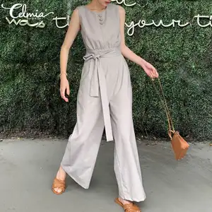 Женский комбинезон с широкими штанинами Celmia, повседневный Свободный комбинезон без рукавов размера плюс, длинный комбинезон с поясом, лето 2020
