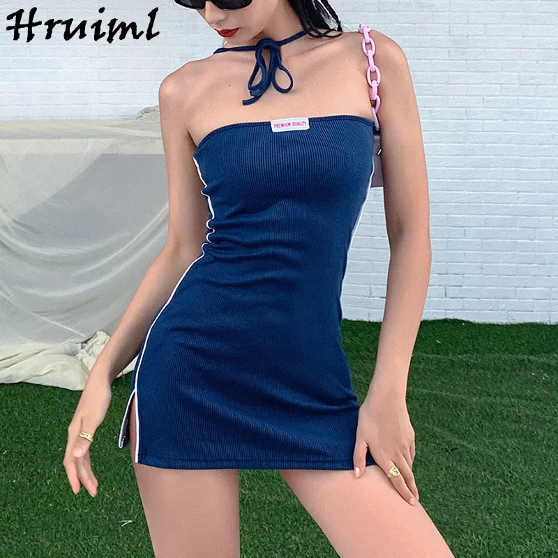 

Dress Night Club Sexy Party Solid Woman Dress Elegant Sleeveless Mini Skinny Sling Reversible Streetwear Hem Split Dresses