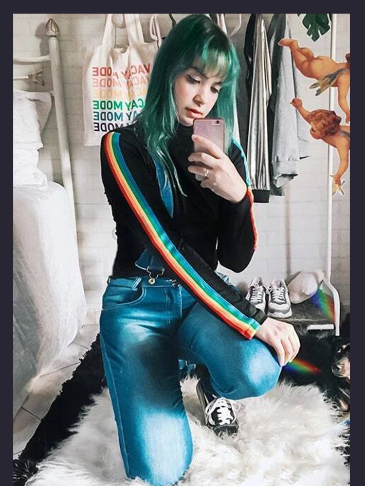 Dotfashion черный с высоким воротом в радужную полоску длинные рукава футболка рубашка с длинными рукавами Для женщин осенняя одежда топы, женская мода, футболки