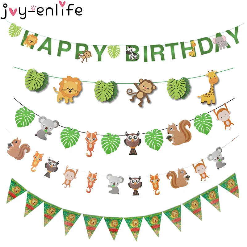 День рождения в джунглях флаг амимальная гирлянда день Бумажная пальмовый лист