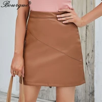 women pu leather skirt high waist elastic fashion office ladies short skirt sexy slim party female bag hip skirts plus size