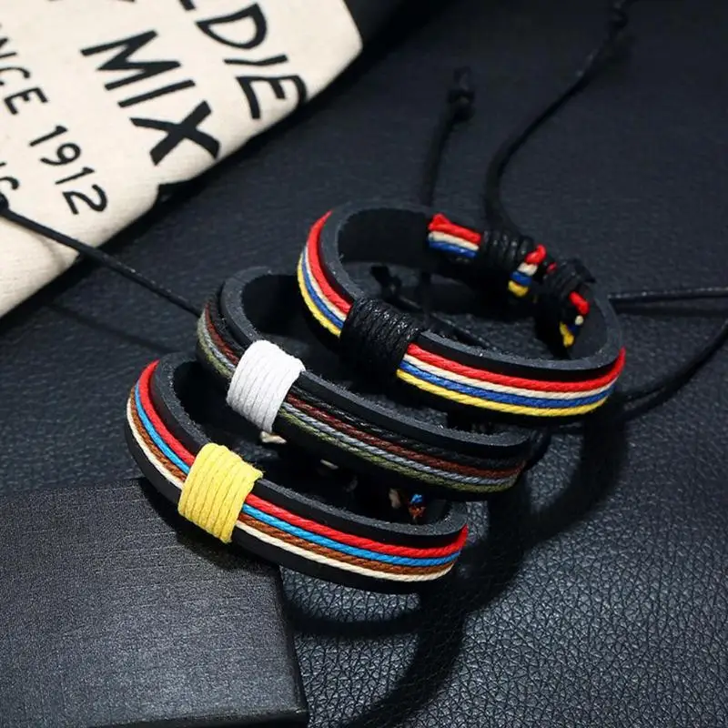 Vintage Braided Leather Bracelet Men Charm Colorful Warp Braslet For Homme Hip Hop Jewelry Handmade Multilayer Braclet | Украшения и