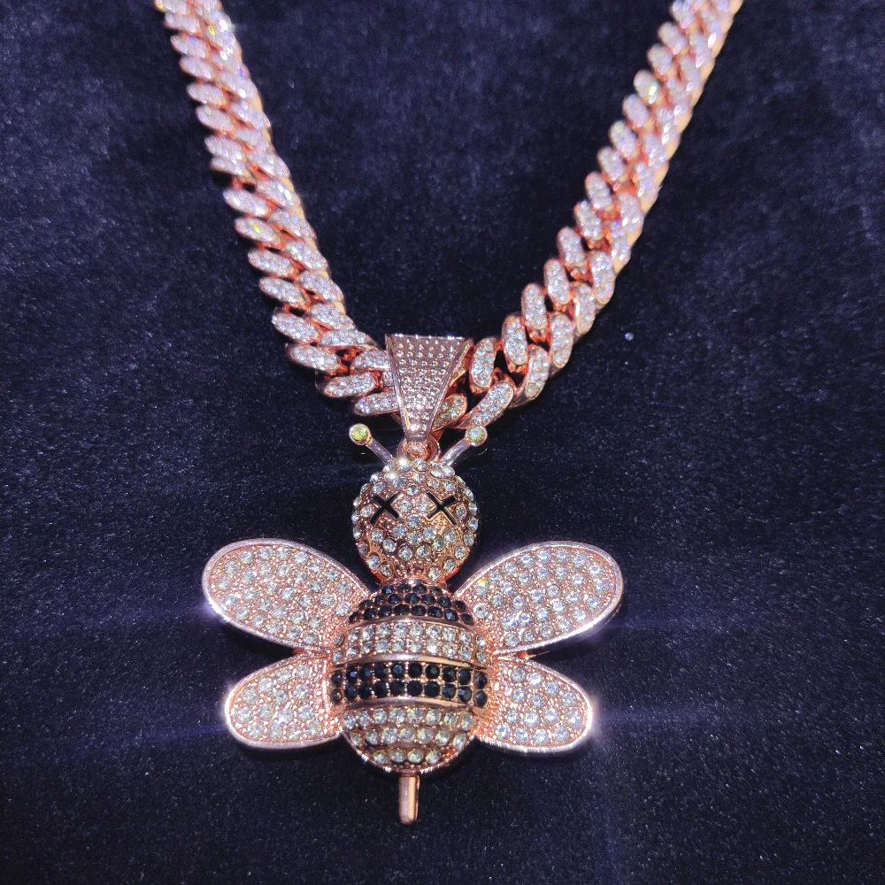 

Hardworking Bee Pendant 15mm Cuban Link Choker Chain 18inch Hip Hop Full Iced Out Cubi Zirconia Cz Rose Gold Color Men Jewelry