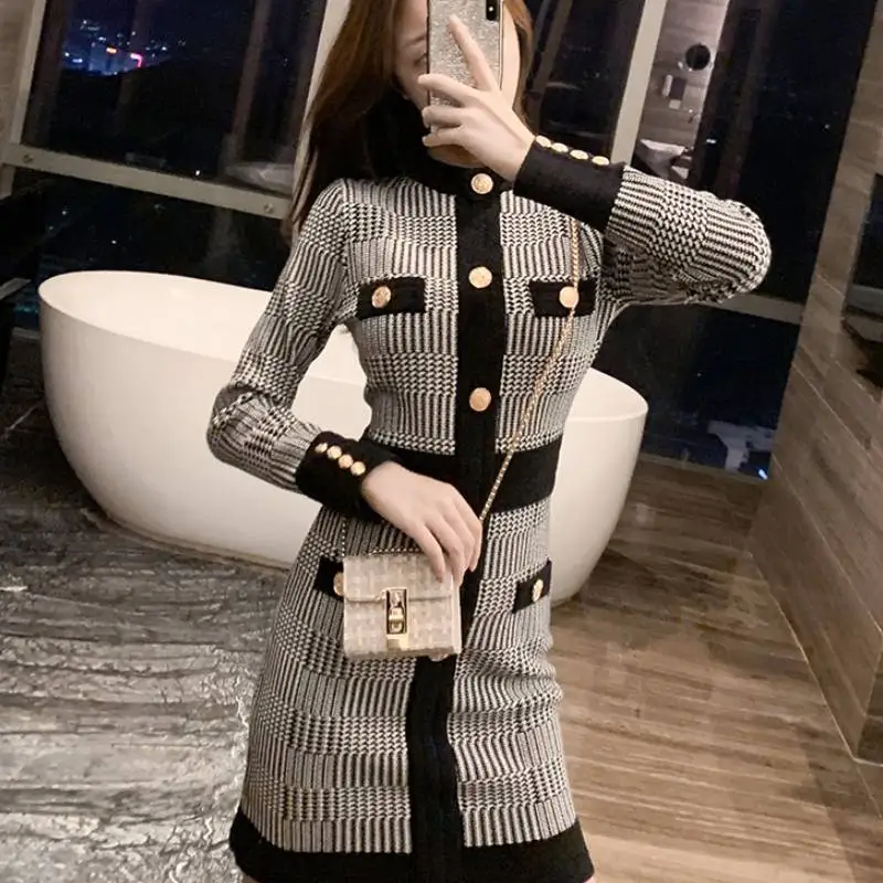 

Button Plaid Knitted Dress Elegant Korean Autumn Winter Women Vintage Vestidos Sweater Long Sleeve Office Mini Dress One-Piece
