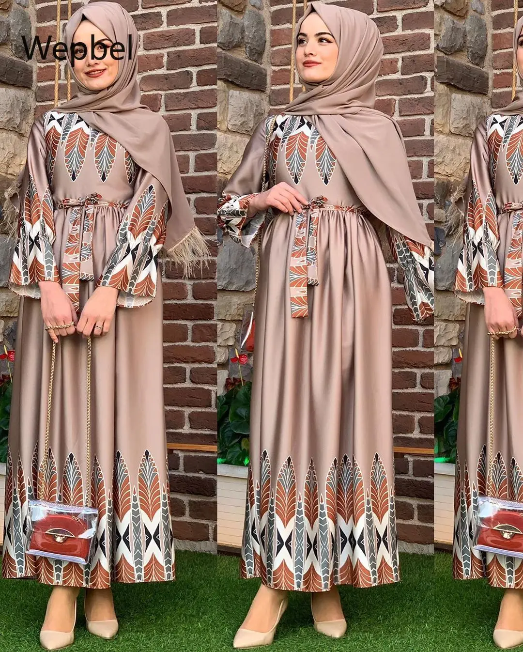 

Wepbel Middle East Arab Abaya Muslim Slim Dress Long Sleeve Big Swing Turkey Leaf Print Robe High Waist Slim Fit Islamce Clothes