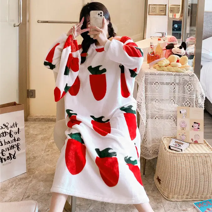 Autumn and Winter Facecloth Flannel Nightgown Thickened Coral Velvet Pajamas Female Loose Plus Size Home Wear Sleepwear Women