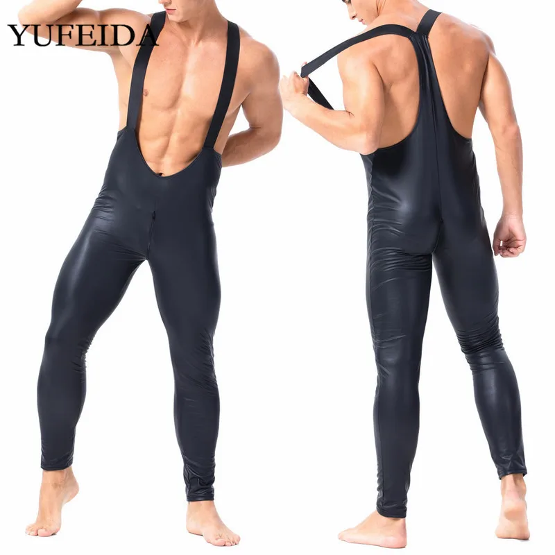 Мужской комбинезон из искусственной кожи черный для борьбы трико боди цельный
