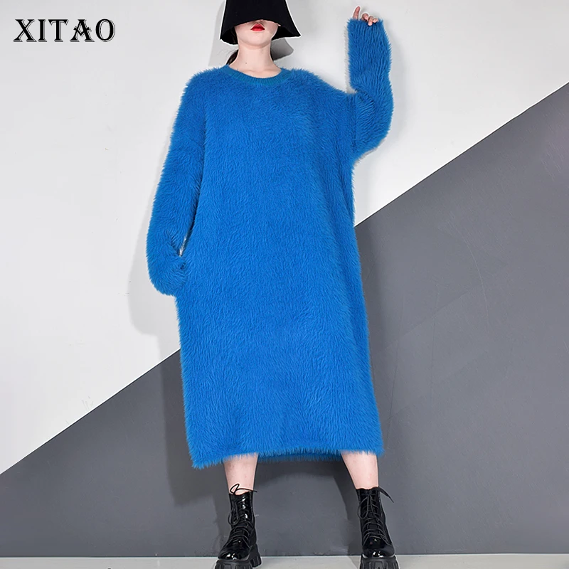 

Женское трикотажное платье XITAO, однотонное платье свободного кроя с длинным рукавом в повседневном стиле, зима 2020